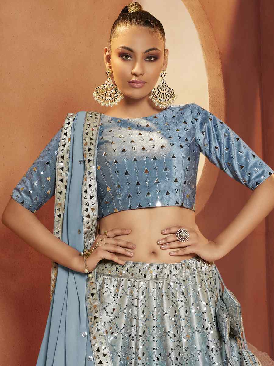 Dusty Sky Velvet Embroidered Festival Party Wear Circular Lehenga Choli