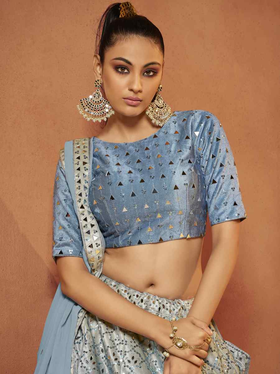 Dusty Sky Velvet Embroidered Festival Party Wear Circular Lehenga Choli
