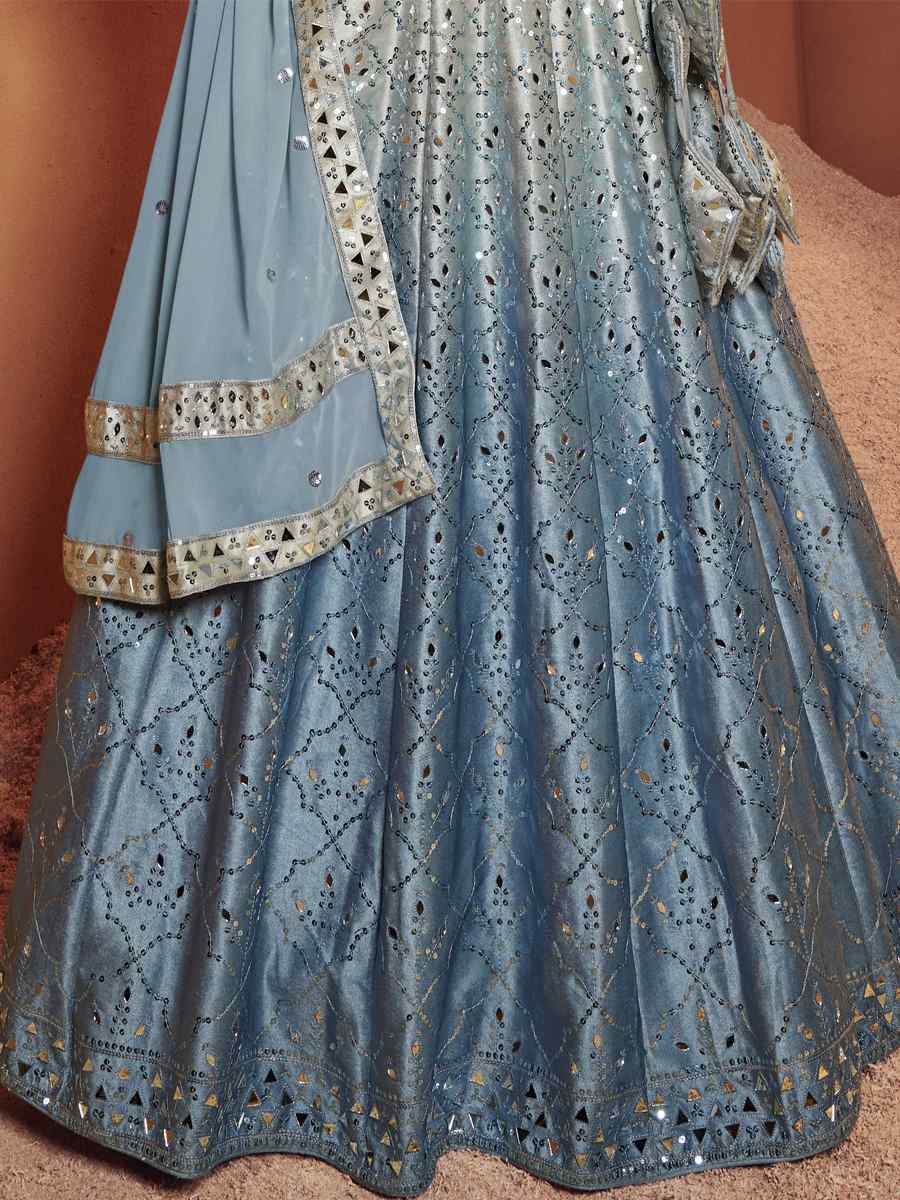 Dusty Sky Velvet Embroidered Festival Party Wear Circular Lehenga Choli