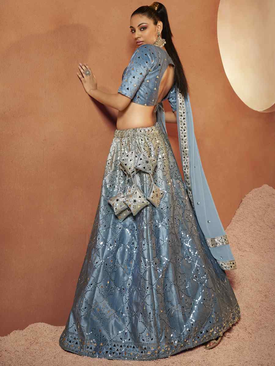 Dusty Sky Velvet Embroidered Festival Party Wear Circular Lehenga Choli