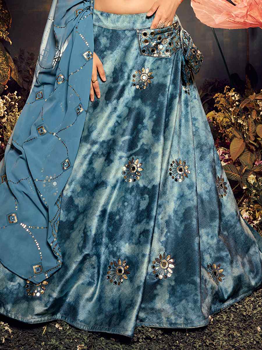 Dusty Sky Velvet Embroidered Festival Party Wear Circular Lehenga Choli