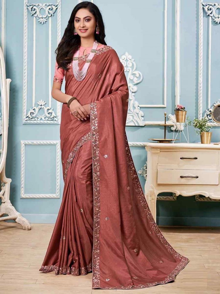 Dusty Vichitra Silk Embroidered Party Festival Classic Style Saree