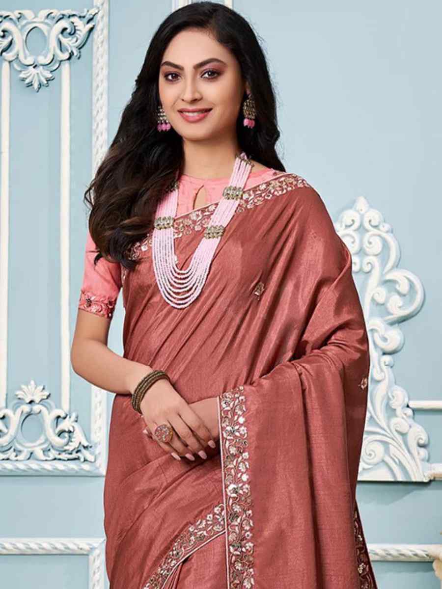 Dusty Vichitra Silk Embroidered Party Festival Classic Style Saree