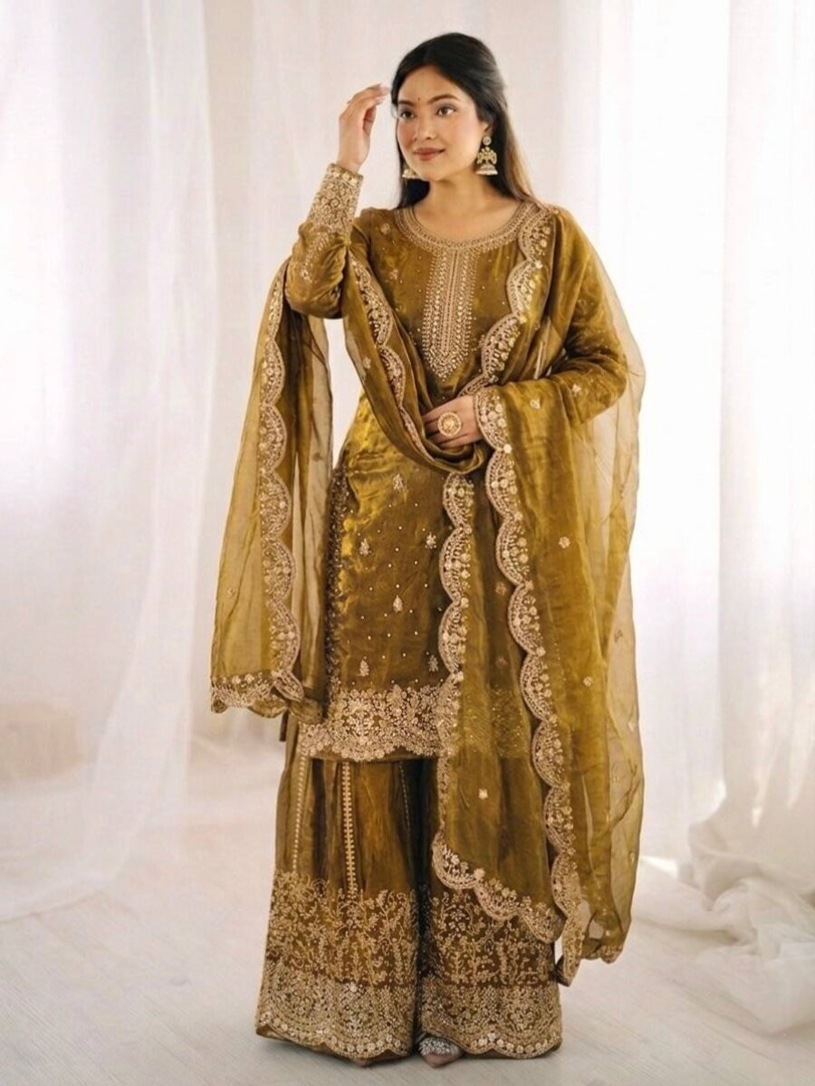 Dusty Yellow Fendy Silk Embroidery Sequins Zari Wedding Party Festival Casual Haldi Ready Palazzo Pant Salwar Kameez