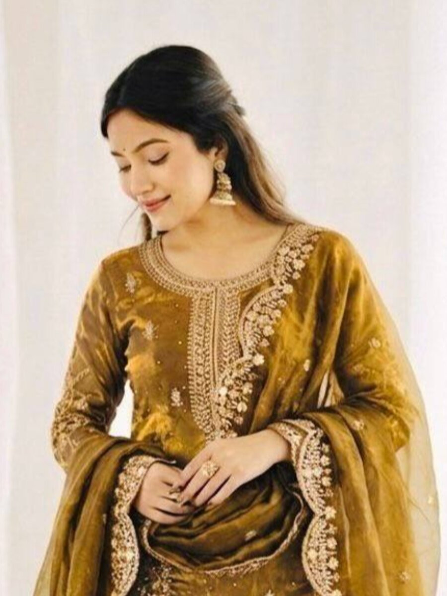 Dusty Yellow Fendy Silk Embroidery Sequins Zari Wedding Party Festival Casual Haldi Ready Palazzo Pant Salwar Kameez
