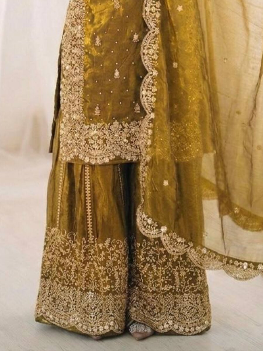 Dusty Yellow Fendy Silk Embroidery Sequins Zari Wedding Party Festival Casual Haldi Ready Palazzo Pant Salwar Kameez
