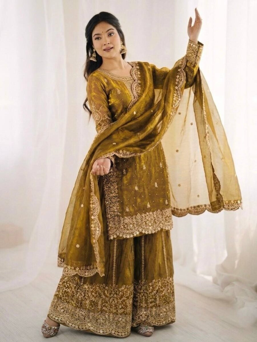 Dusty Yellow Fendy Silk Embroidery Sequins Zari Wedding Party Festival Casual Haldi Ready Palazzo Pant Salwar Kameez
