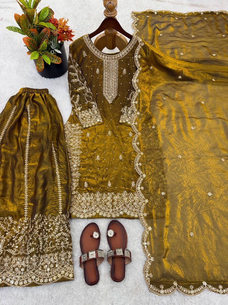 Dusty Yellow Fendy Silk Embroidery Sequins Zari Wedding Party Festival Casual Haldi Ready Palazzo Pant Salwar Kameez