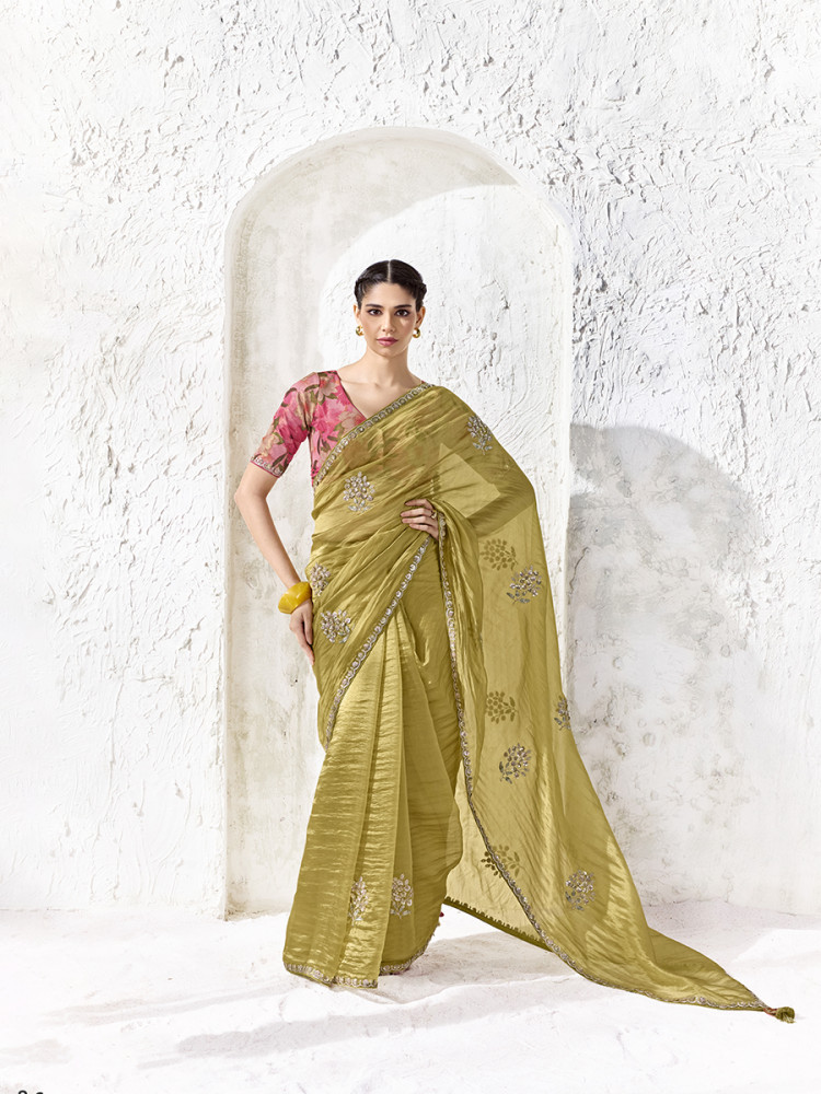 Image of Dusty Yellow Premium Luxe Silk Organza Embroidery Sequins Wedding Reception Party Festival Casual Heavy Border Sarees