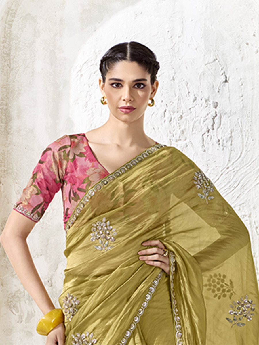 Dusty Yellow Premium Luxe Silk Organza Embroidery Sequins Wedding Reception Party Festival Casual Heavy Border Sarees
