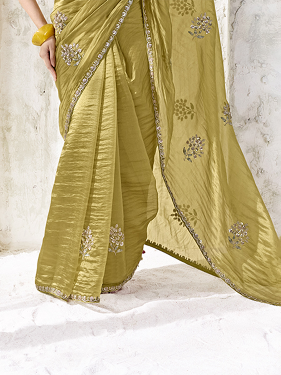 Dusty Yellow Premium Luxe Silk Organza Embroidery Sequins Wedding Reception Party Festival Casual Heavy Border Sarees