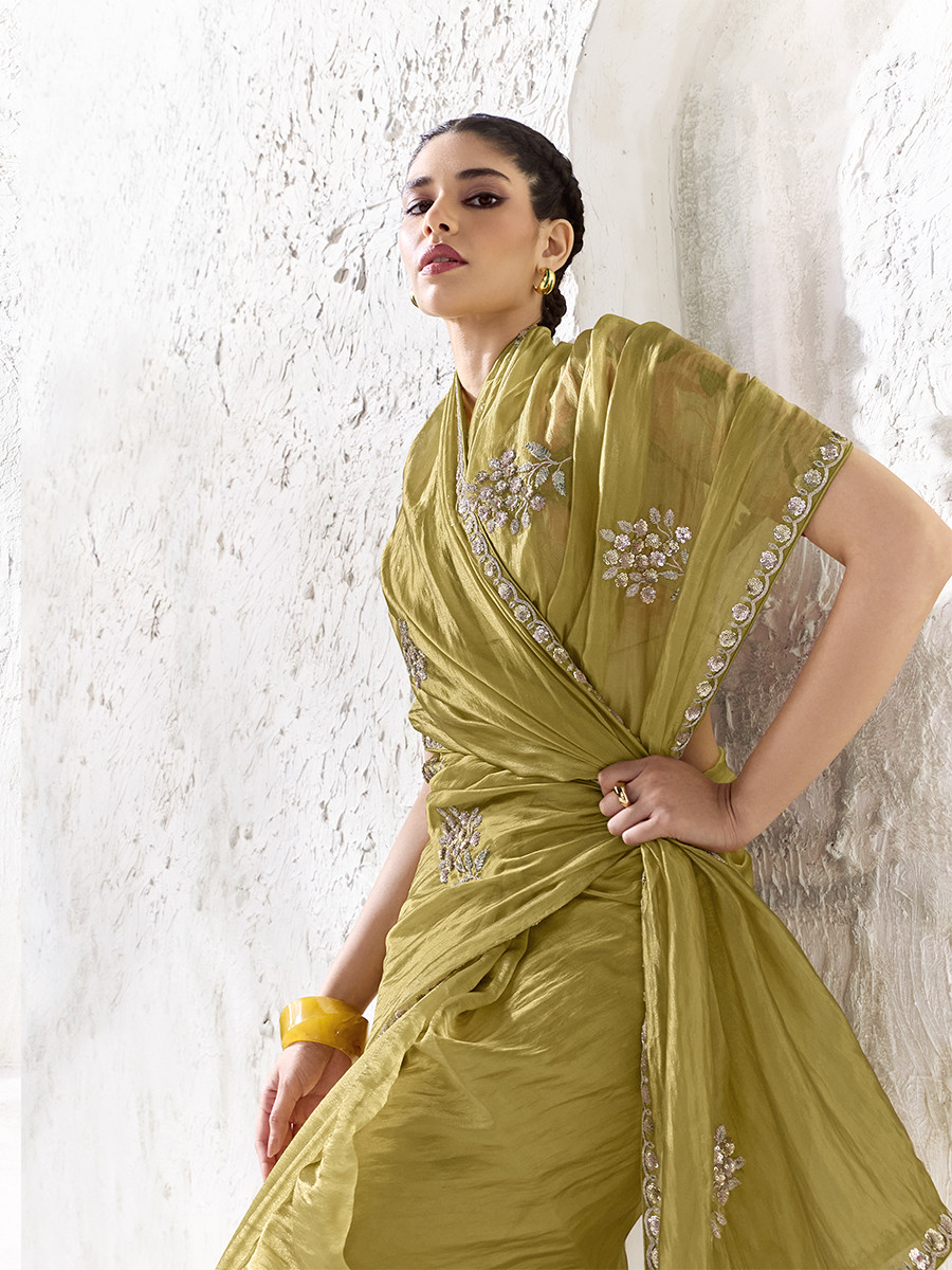 Dusty Yellow Premium Luxe Silk Organza Embroidery Sequins Wedding Reception Party Festival Casual Heavy Border Sarees