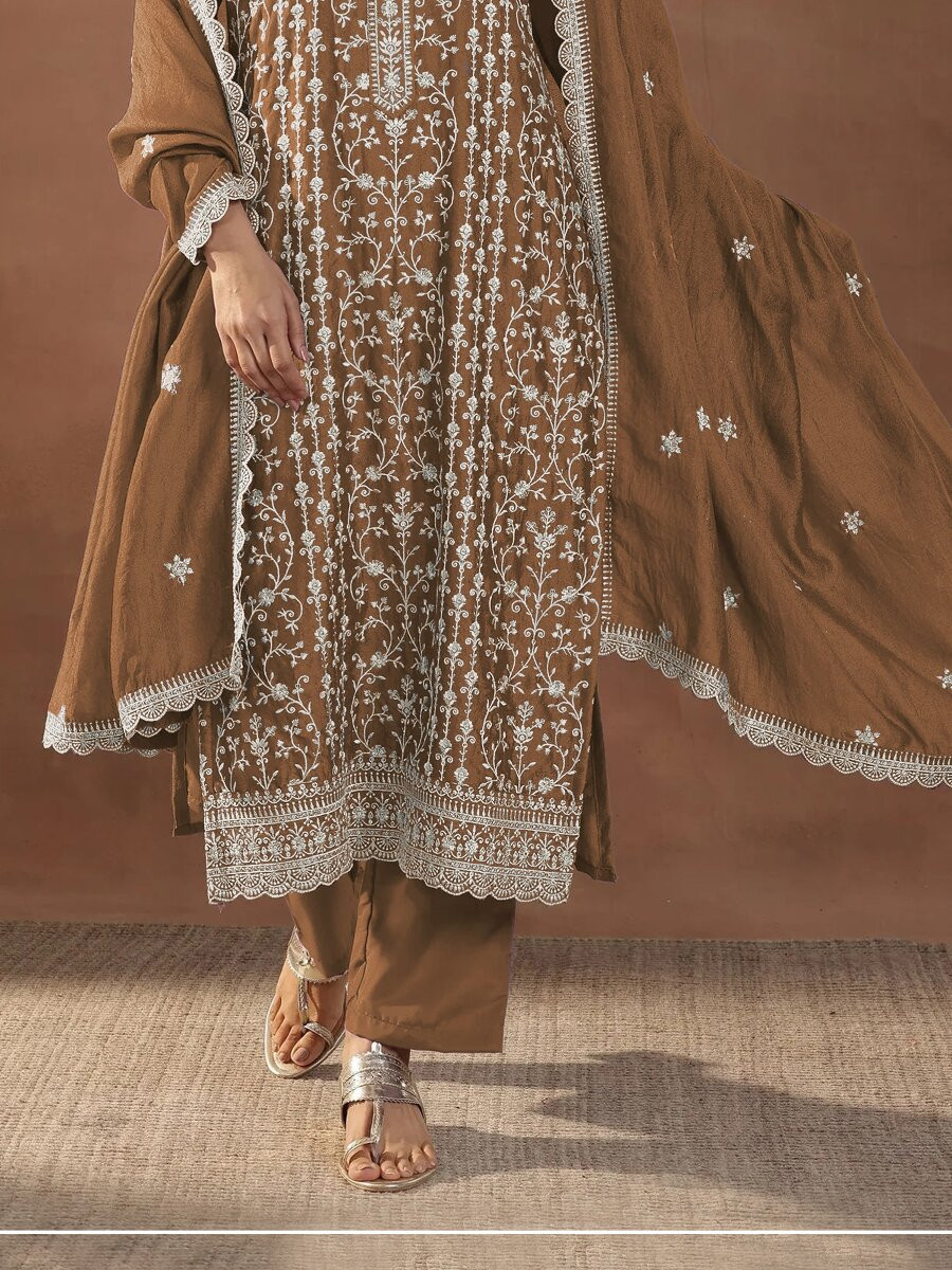 Dusty Yellow Rangoli Crush Silk Embroidery Wedding Party Festival Haldi Casual Palazzo Pant Salwar Kameez