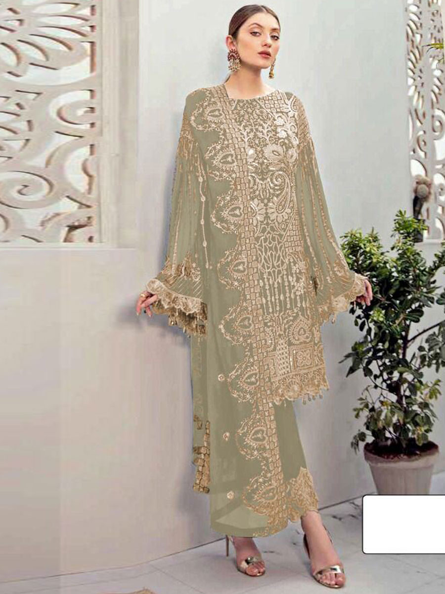 Ecru Brown Faux Georgette Embroidered Festival Pant Kameez