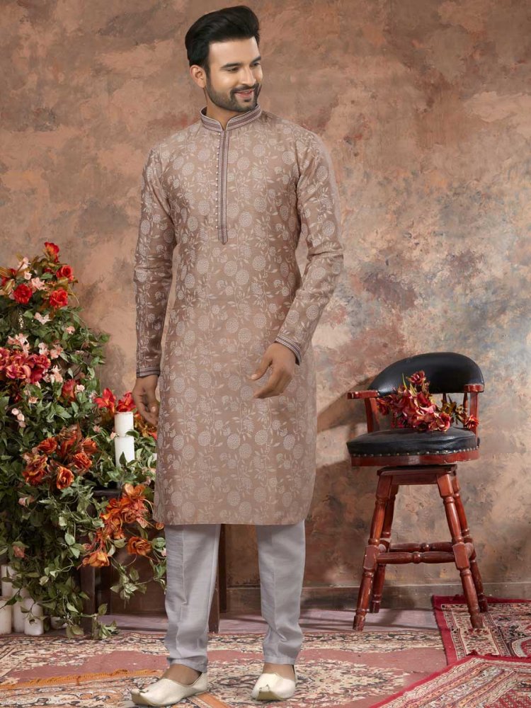 Ecru Brown Silk Embroidered Festival Kurta Set
