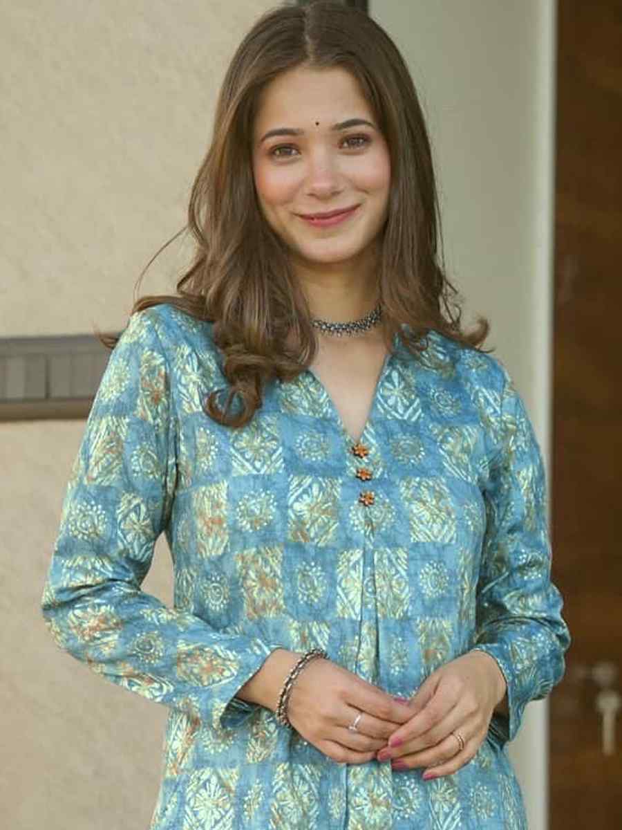 Elecric Blue Pure Maslin Printed Festival Casual Kurti