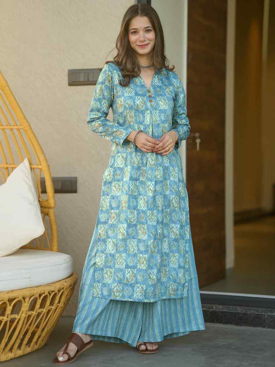 Elecric Blue Pure Maslin Printed Festival Casual Kurti
