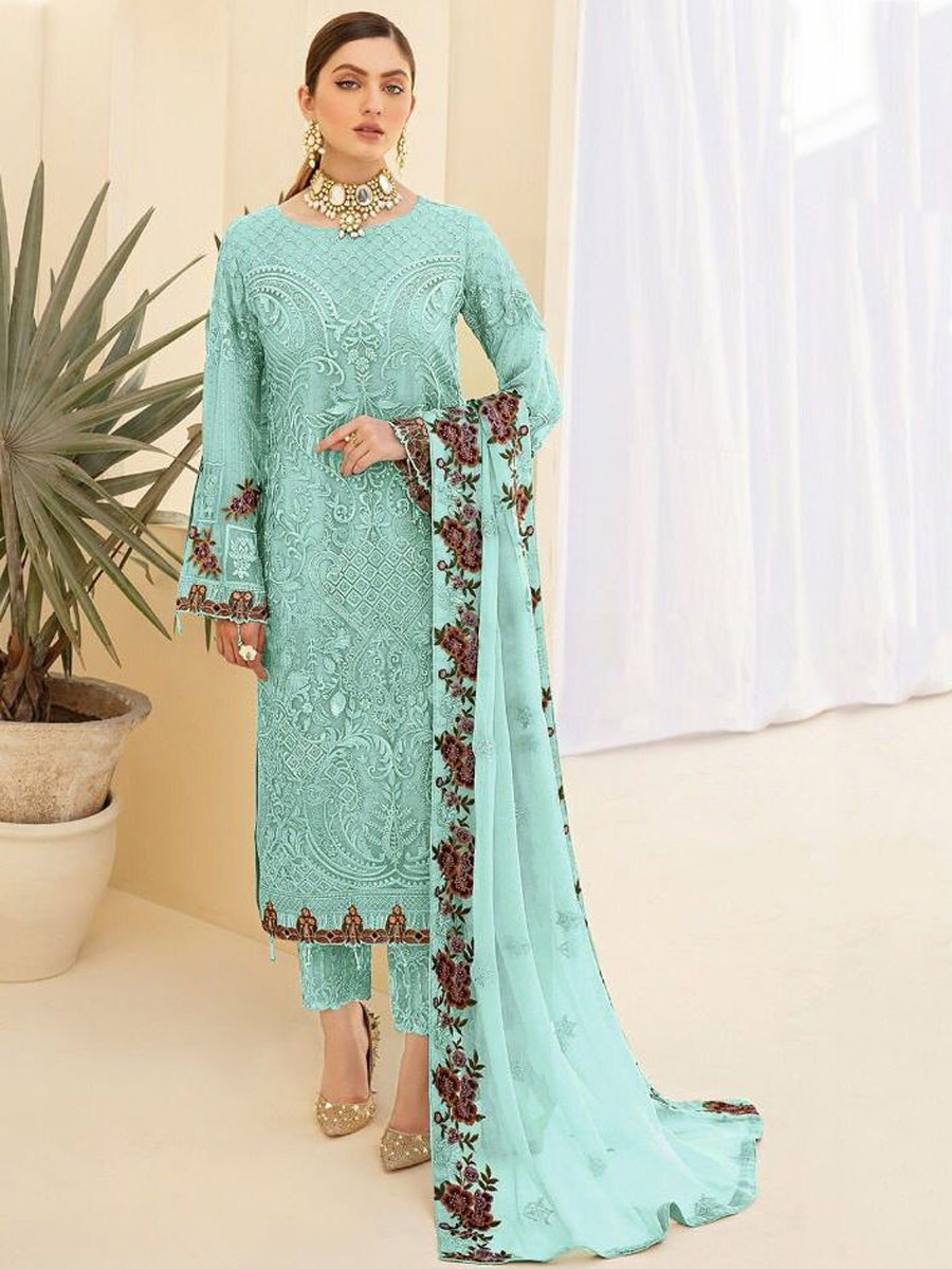 Electric Blue Faux Georgette Embroidered Party Pant Kameez