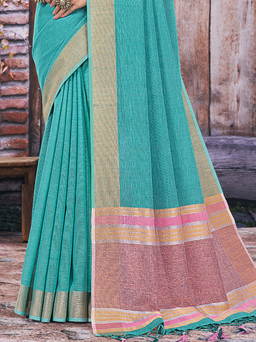 Electric Blue Linen Plain Festival Saree