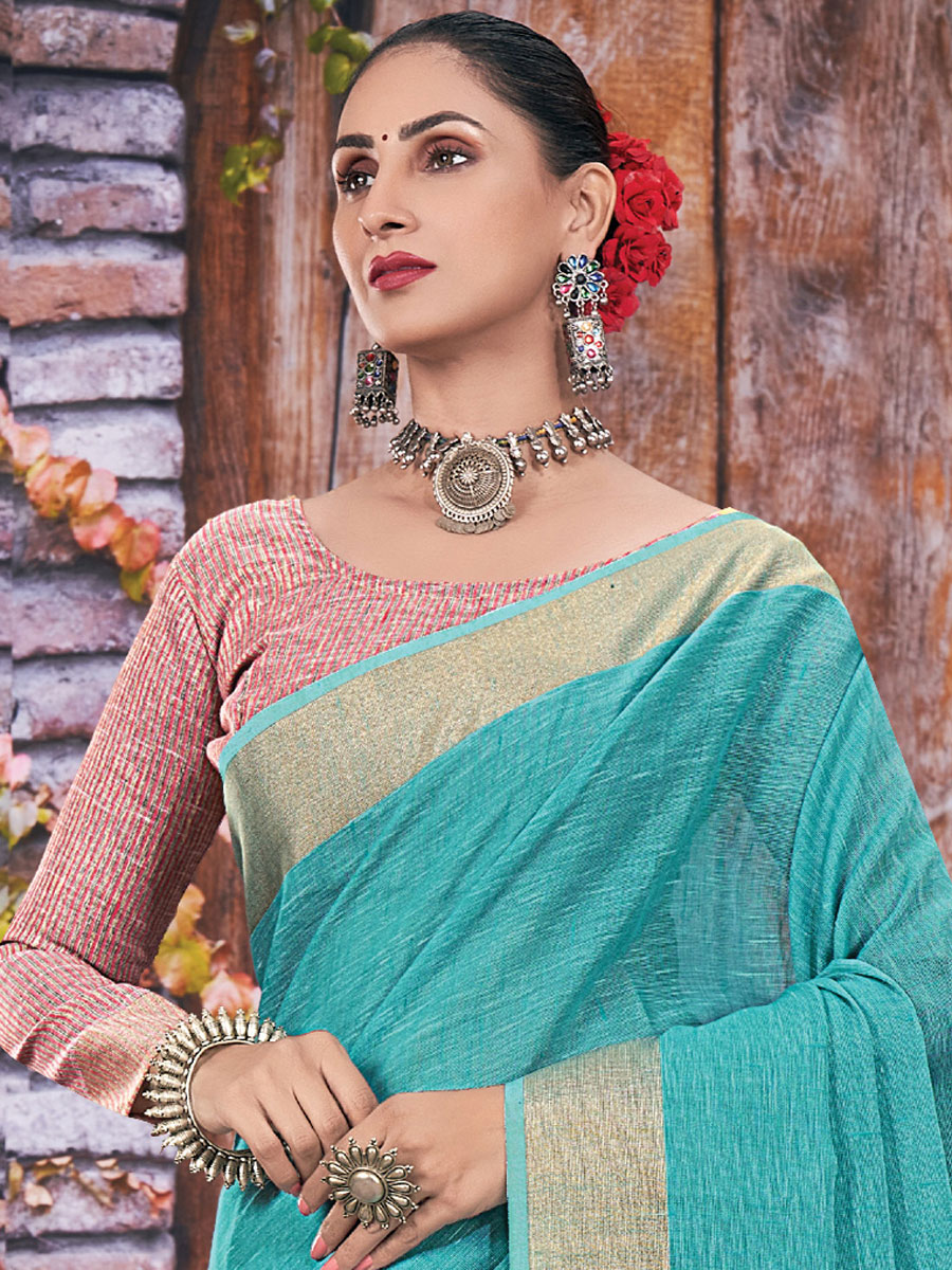 Electric Blue Linen Plain Festival Saree