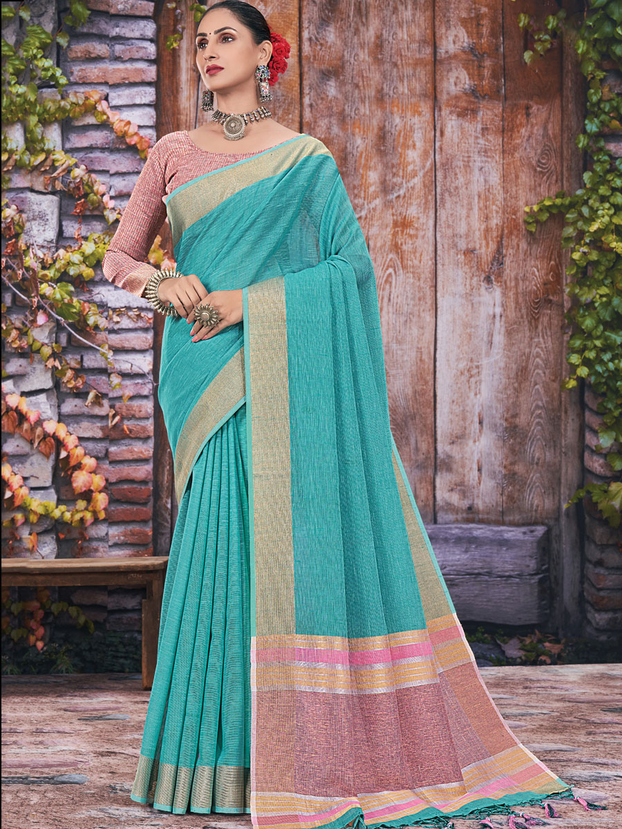 Electric Blue Linen Plain Festival Saree