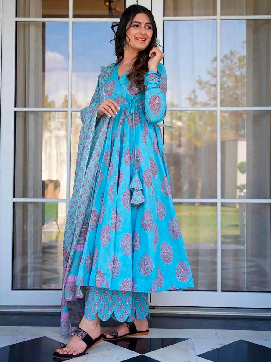 Electric Blue Pure MaslinPrinted Casual Festival Anarkali Salwar Kameez