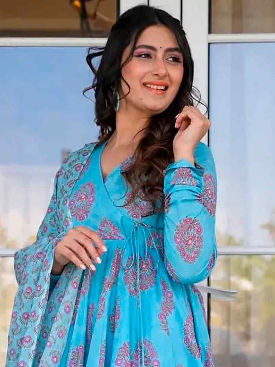 Electric Blue Pure MaslinPrinted Casual Festival Anarkali Salwar Kameez