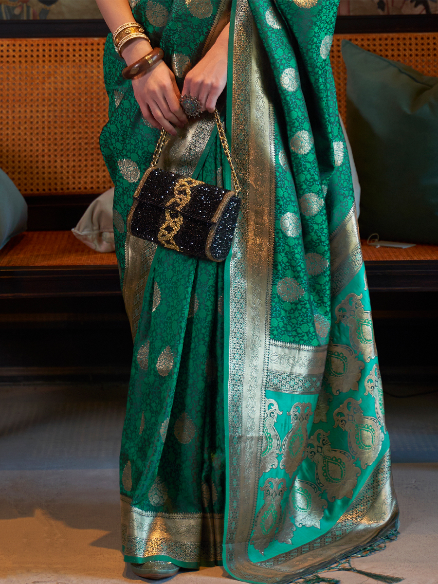 Elf Green Pure Satin Silk Handwoven Wedding Festival Heavy Border Saree