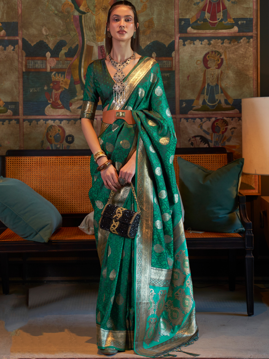 Elf Green Pure Satin Silk Handwoven Wedding Festival Heavy Border Saree