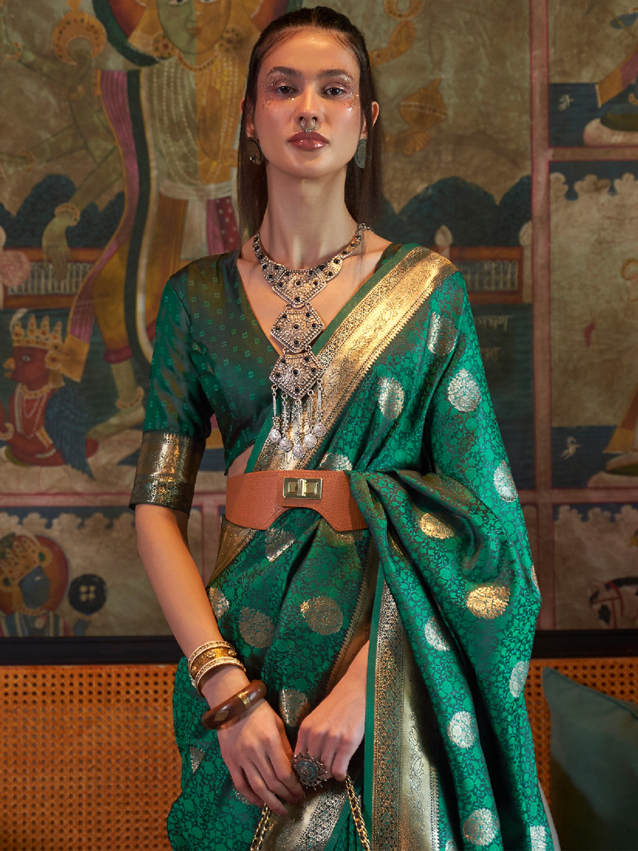 Elf Green Pure Satin Silk Handwoven Wedding Festival Heavy Border Saree