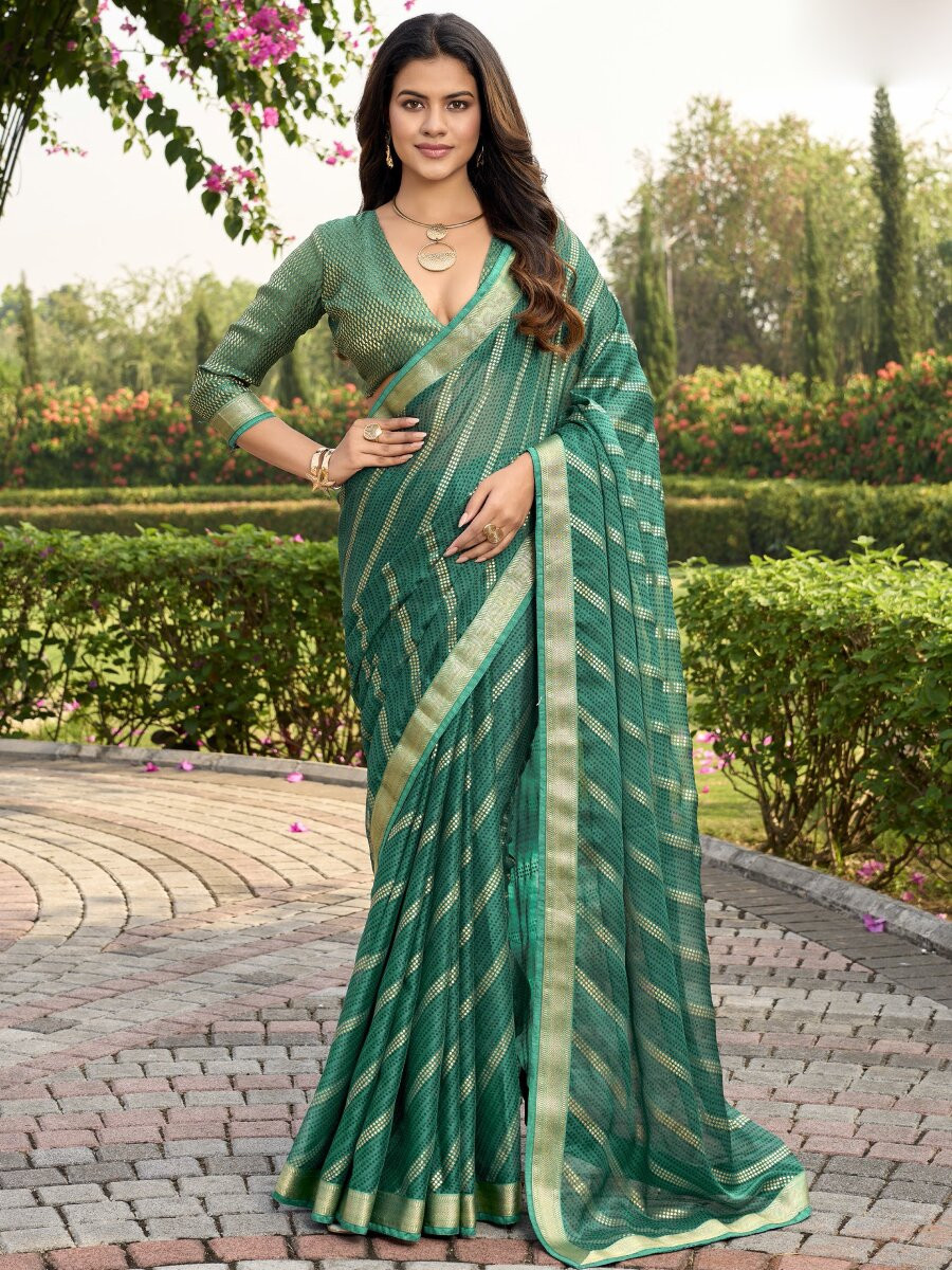 Emerald Green Silk Printed Wedding Reception Party Festival Casual Heavy Border Sarees