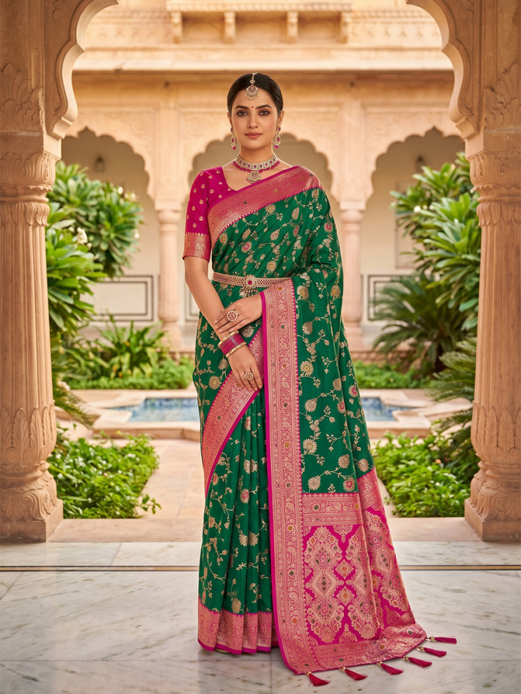 Image of Emerald Green Soft Banarasi Silk Zari Weaving Meenakari Touchup Wedding Reception Party Festival Casual Heavy Border Sarees