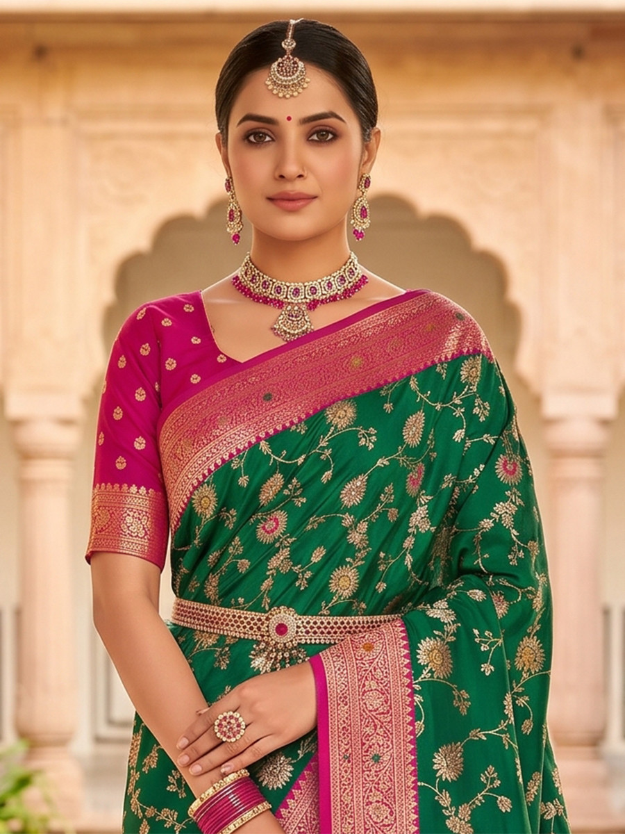 Emerald Green Soft Banarasi Silk Zari Weaving Meenakari Touchup Wedding Reception Party Festival Casual Heavy Border Sarees