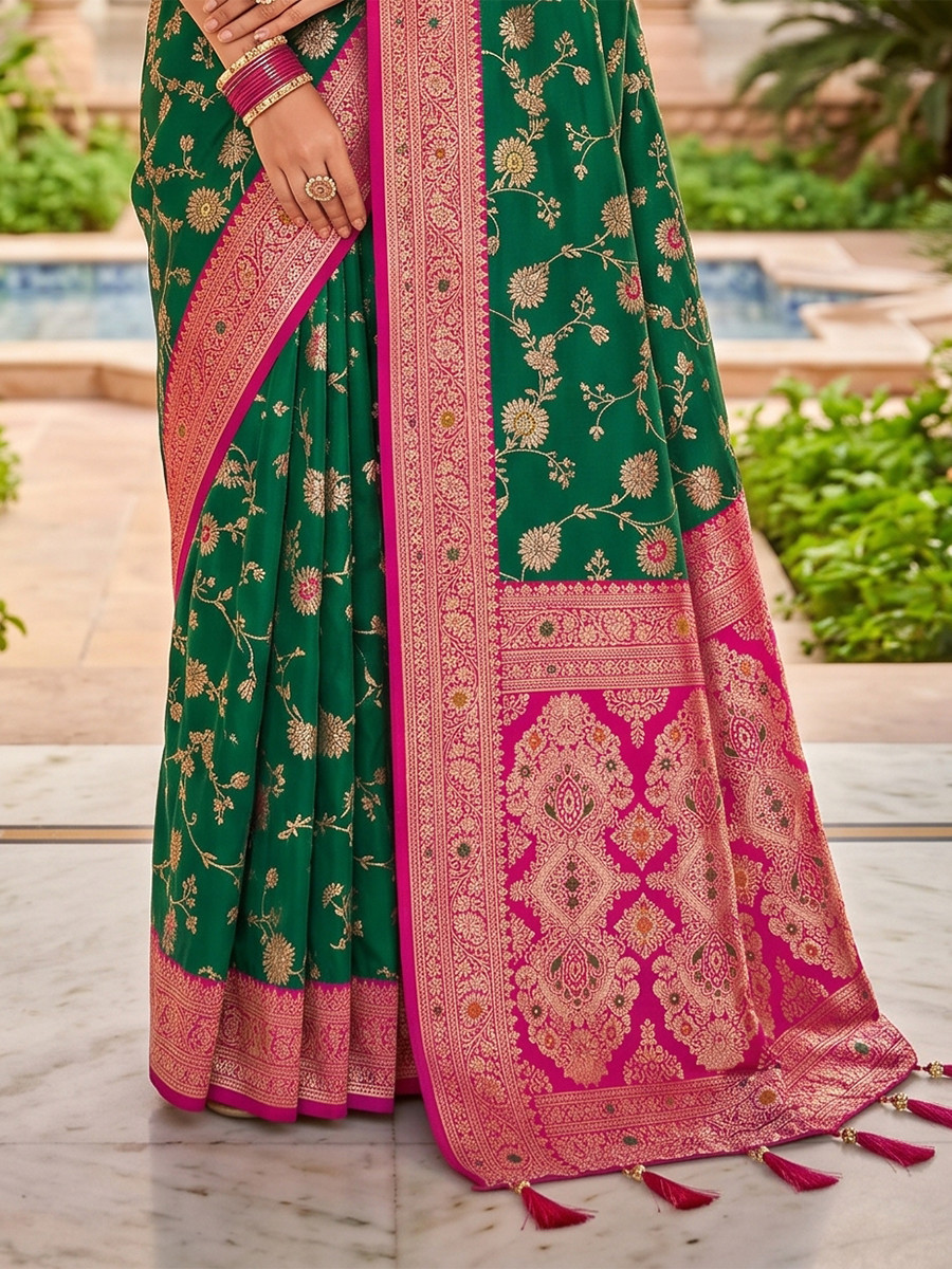 Emerald Green Soft Banarasi Silk Zari Weaving Meenakari Touchup Wedding Reception Party Festival Casual Heavy Border Sarees