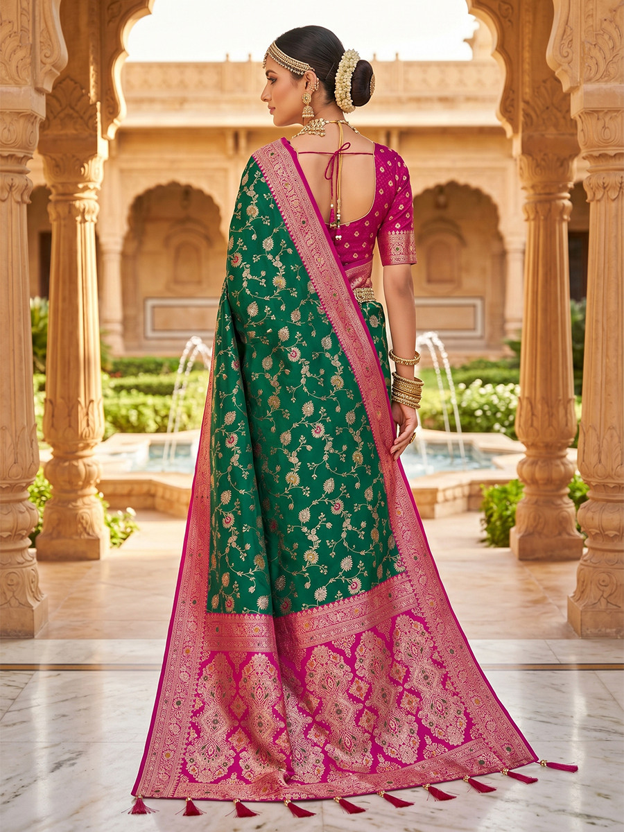 Emerald Green Soft Banarasi Silk Zari Weaving Meenakari Touchup Wedding Reception Party Festival Casual Heavy Border Sarees