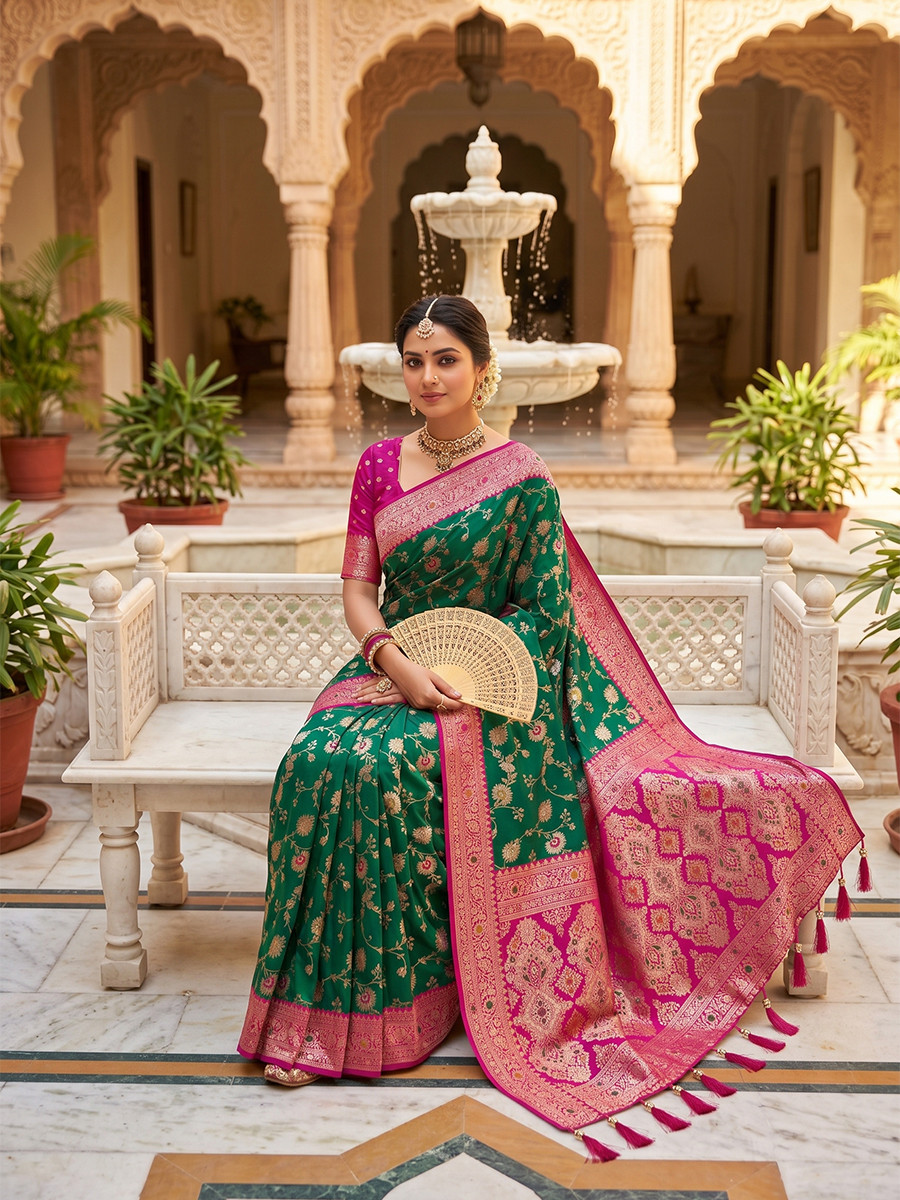 Emerald Green Soft Banarasi Silk Zari Weaving Meenakari Touchup Wedding Reception Party Festival Casual Heavy Border Sarees