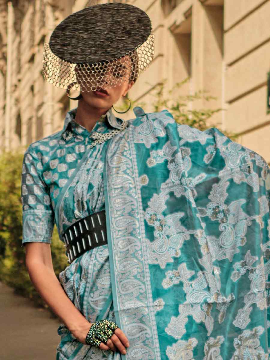 Eucalyptus BlueLucknowi Organza Handwoven Wedding Festival Heavy Border Sare