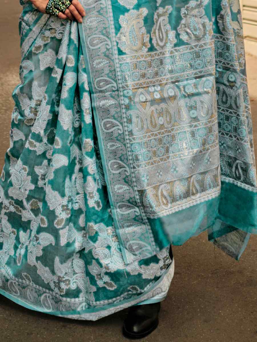 Eucalyptus BlueLucknowi Organza Handwoven Wedding Festival Heavy Border Sare