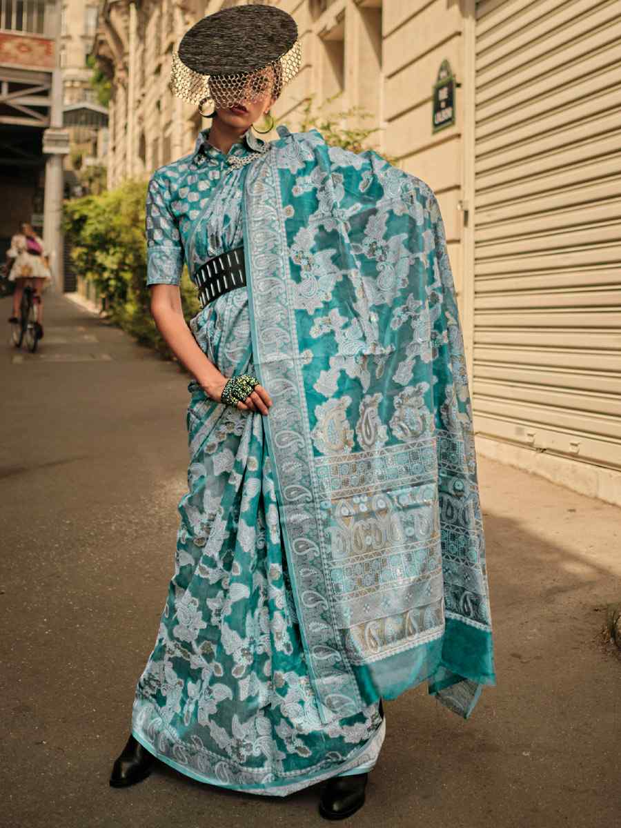 Eucalyptus BlueLucknowi Organza Handwoven Wedding Festival Heavy Border Sare