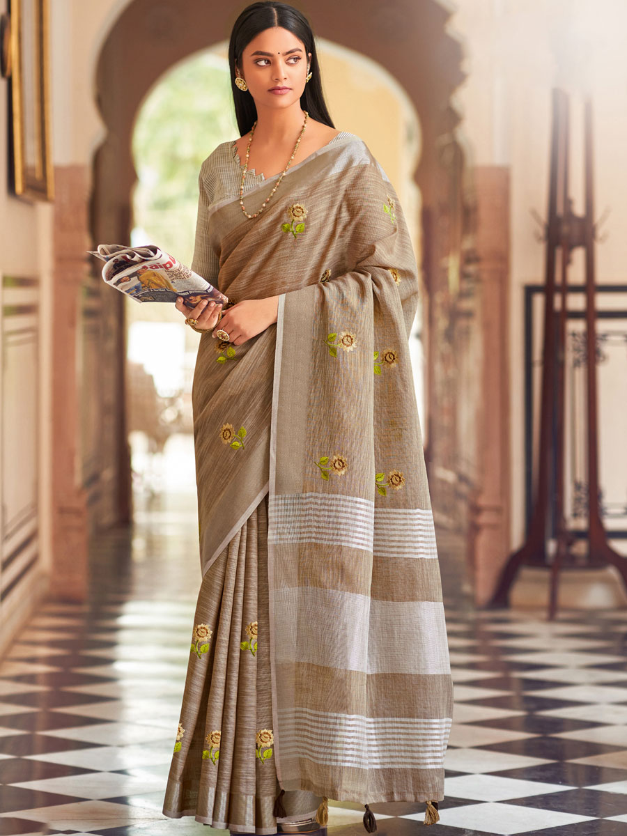 Fallow Brown Linen Embroidered Party Saree