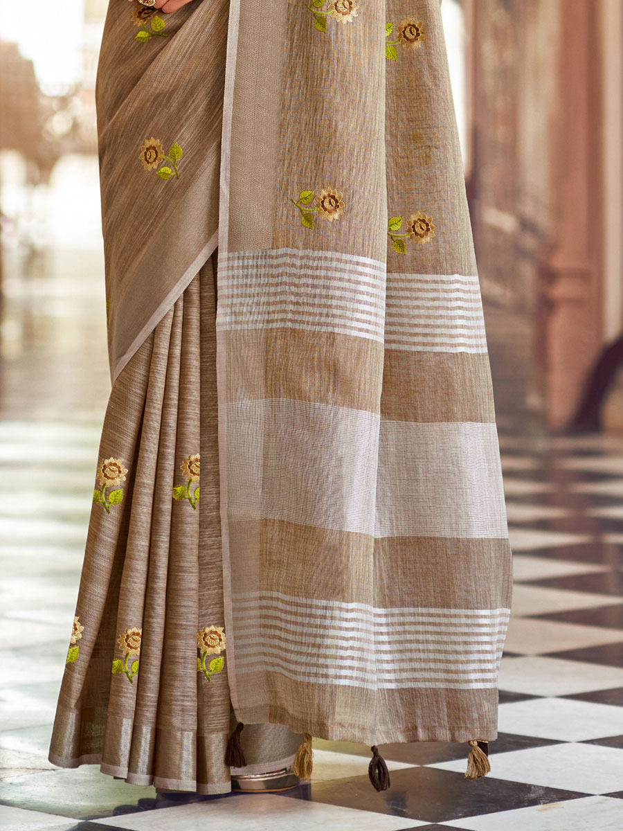 Fallow Brown Linen Embroidered Party Saree