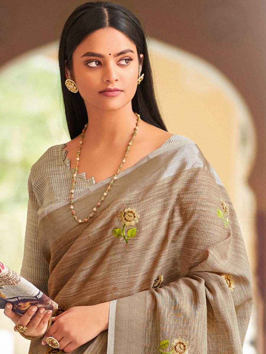 Fallow Brown Linen Embroidered Party Saree