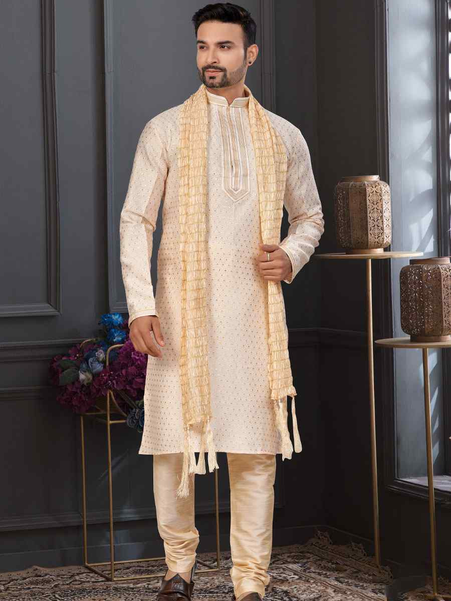 Fawn Banarasi Jackard Embroidery Festival Wedding Party Mens Kurta
