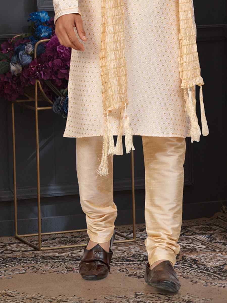 Fawn Banarasi Jackard Embroidery Festival Wedding Party Mens Kurta