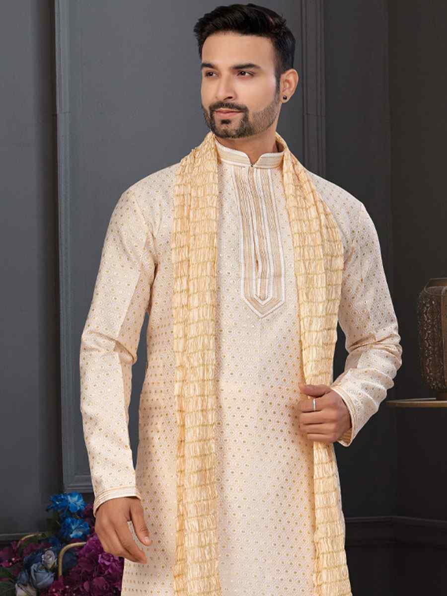 Fawn Banarasi Jackard Embroidery Festival Wedding Party Mens Kurta