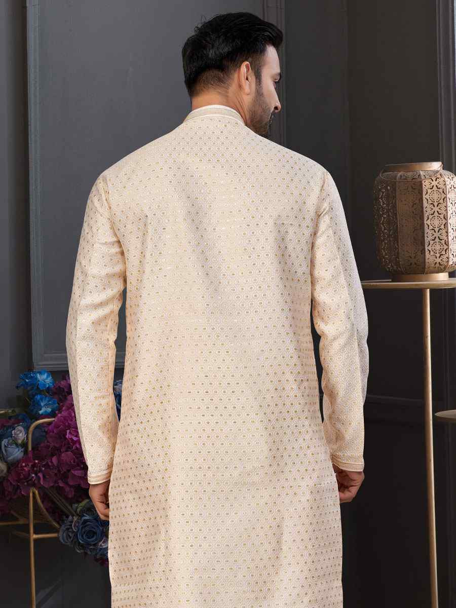 Fawn Banarasi Jackard Embroidery Festival Wedding Party Mens Kurta