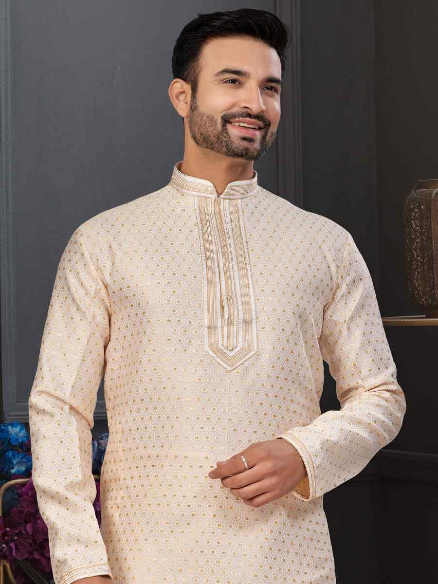 Fawn Banarasi Jackard Embroidery Festival Wedding Party Mens Kurta