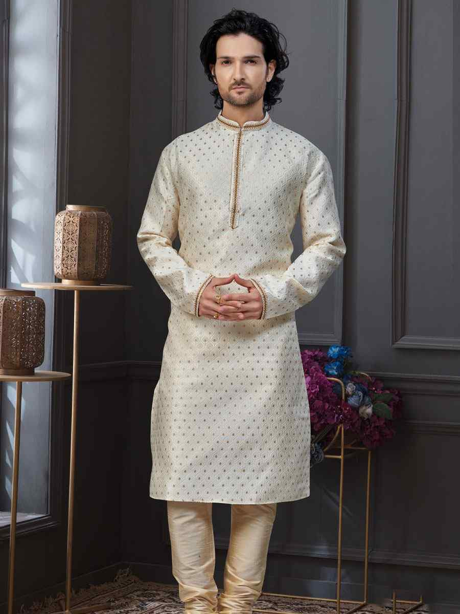 Fawn Banarasi Jackard Embroidery Festival Wedding Party Mens Kurta
