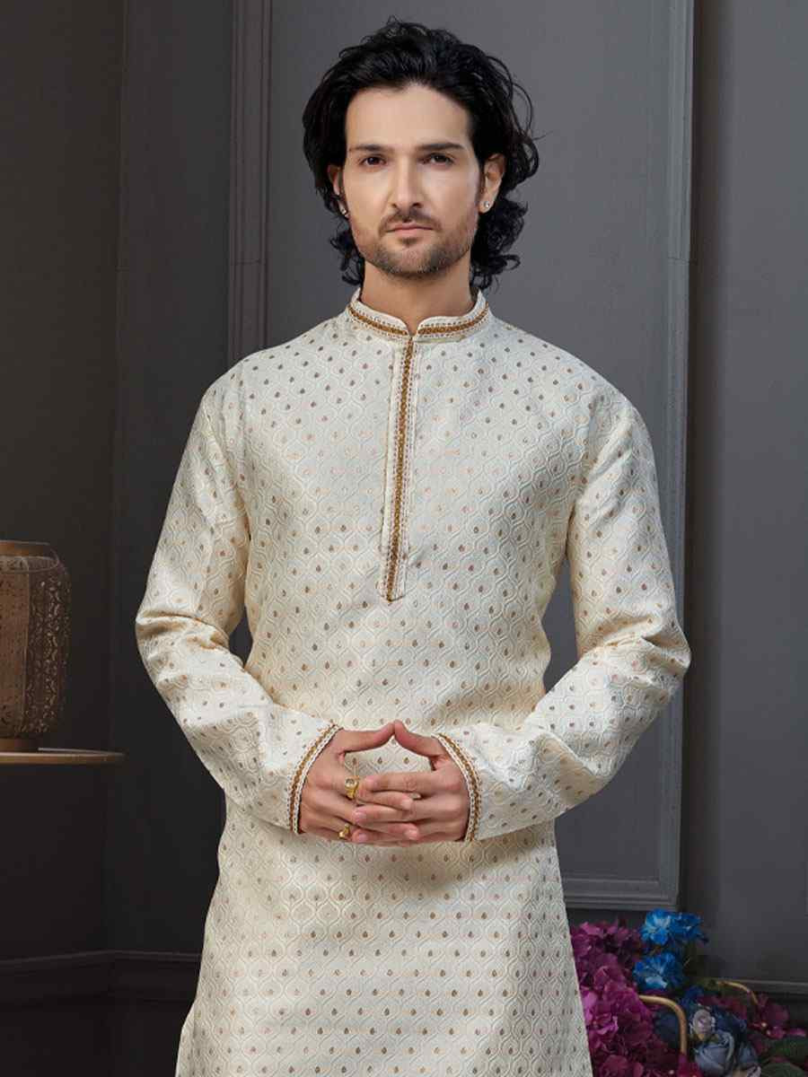 Fawn Banarasi Jackard Embroidery Festival Wedding Party Mens Kurta