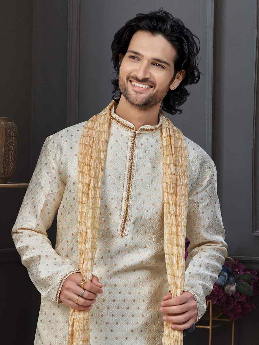 Fawn Banarasi Jackard Embroidery Festival Wedding Party Mens Kurta